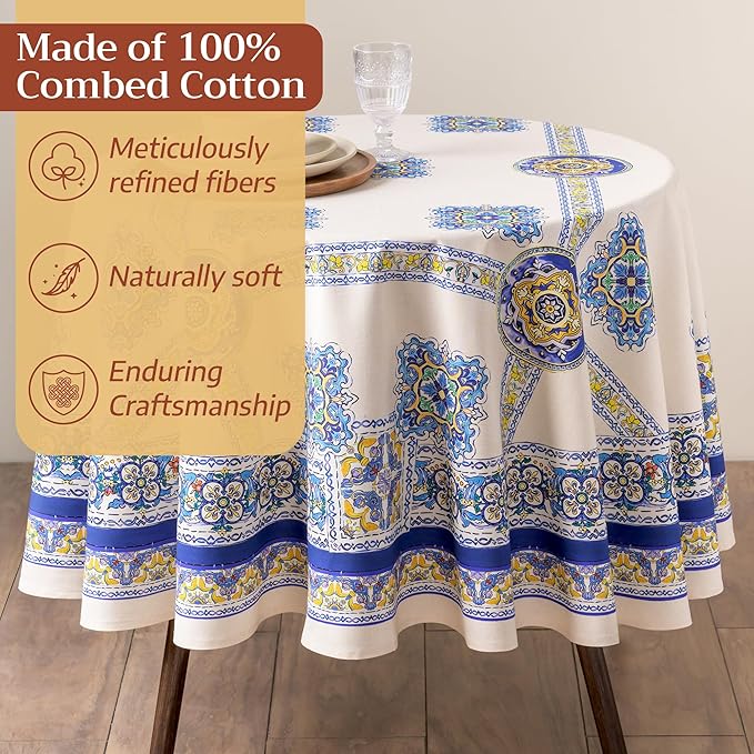 Maison d'Hermine Premium Table Cloth Round Table 100% Cotton 70 Inches Tablecloth Reusable Decorative Everyday Use for Dining Room, Farmhouse, Home, Party, Festive & Wedding - Sciacca