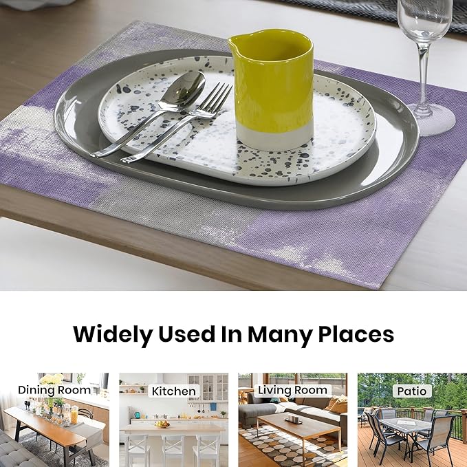 Modern Art Placemats Set of 4 Purple Abstract Painting Place Mats Washable Linen Grey Placemat for Dining Table Kitchen Party Home Decor 18x12 Inches