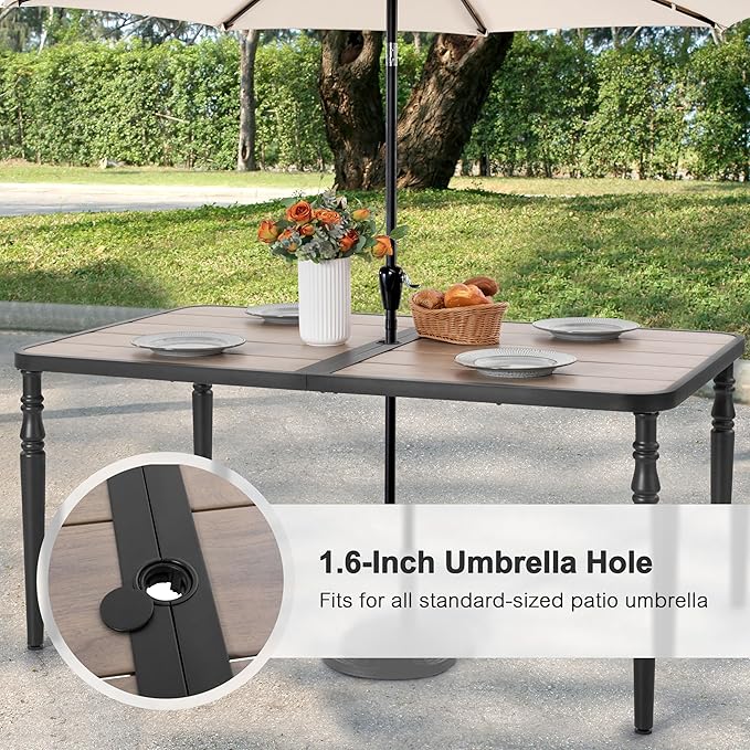 NUU GARDEN Patio Dining Table for 6, 61” x 37” Large Rectangle Metal Table with Wood-Grain Tabletop, Outdoor Table with 2.1” Umbrella Hole for Backyard, Lawn, Garden, Black
