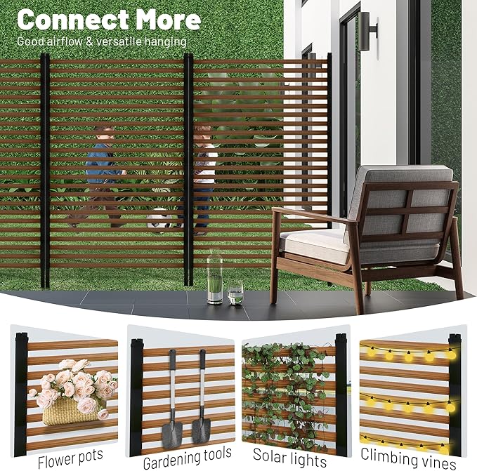 Outdoor Privacy Screen Fence with Feet Stand 3.3FT x 6FT, Wood Texture Freestanding Fence Privacy Screen for Outside, Metal Pipes and Slats Panels Divider for Garden Patio Balcony Backyard