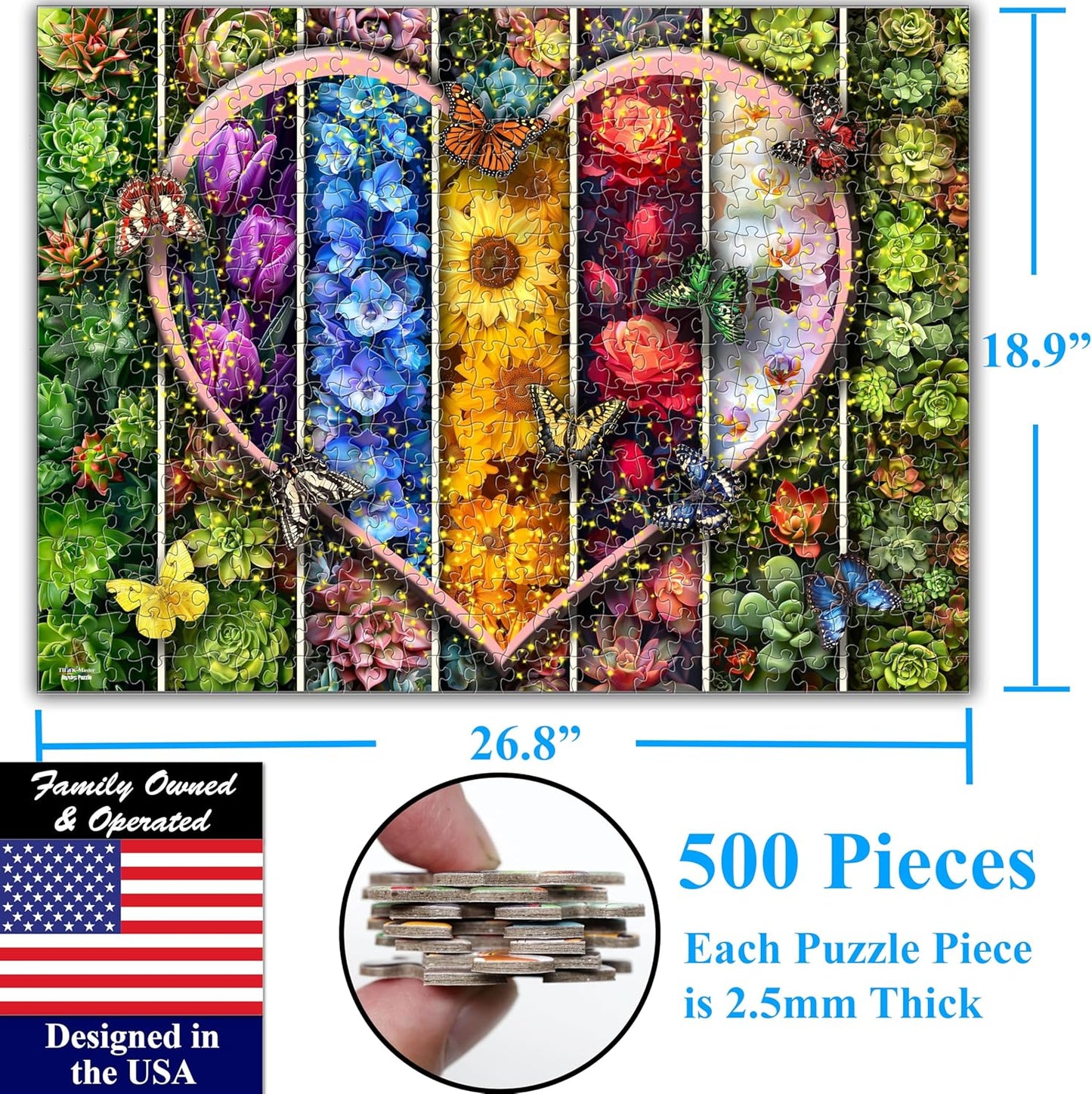 Think2Master Colorful Flowers Succulents & Butterflies 500 Pieces Large Format Jigsaw Puzzle for Kids 12+, Teens, Adults & Families. Beautiful Vibrant Heart Valentine's Day Illustration 26.8” X 18.9”