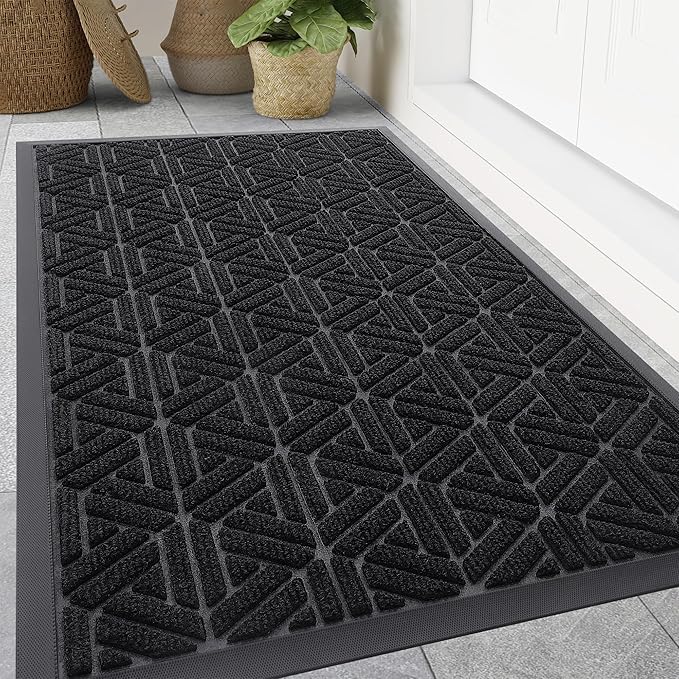 Smiry Front Door Mat Outside Entrance, Heavy Duty Sturdy Natural Rubber Doormat, Trap Dirt and Moisture, Easy Clean Low Profile Mats for Indoor Outdoor Entry, Grid Geometric (47x32, Black)