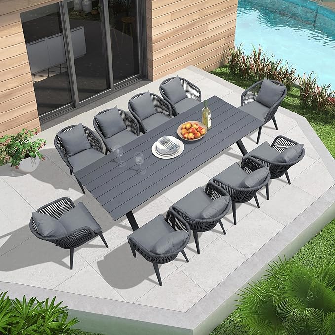 PURPLE LEAF 11 Pieces Patio Dining Set Wicker Outdoor Furniture Rectangular Table and Chairs Set for Garden Deck Aluminum Frame Backyard Kitchen Set, Cushions and Pillows Included Grey