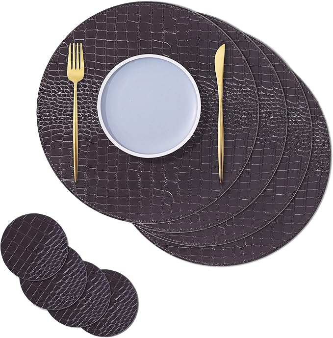 Round Leather Placemats - Placemat Set of 8, Heat Resistant and Waterproof Washable Table Runner, Kitchen Table Runner, 13" X 13" (Brown)