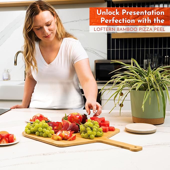 Loftern Wooden Pizza Peel 14 Inch Board with Engraved Sizes - Multi-Purpose Bamboo Pizza Cutting Board, Wood Pizza Peel, Pizza Spatula Paddle, and Serving Board with Size and Cutting Guide