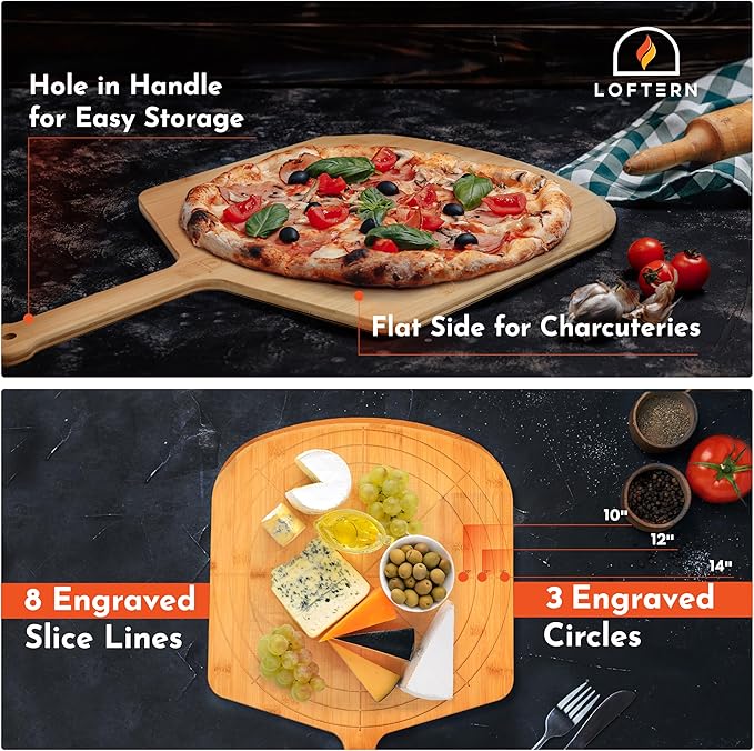 Loftern Wooden Pizza Peel 14 Inch Board with Engraved Sizes - Multi-Purpose Bamboo Pizza Cutting Board, Wood Pizza Peel, Pizza Spatula Paddle, and Serving Board with Size and Cutting Guide