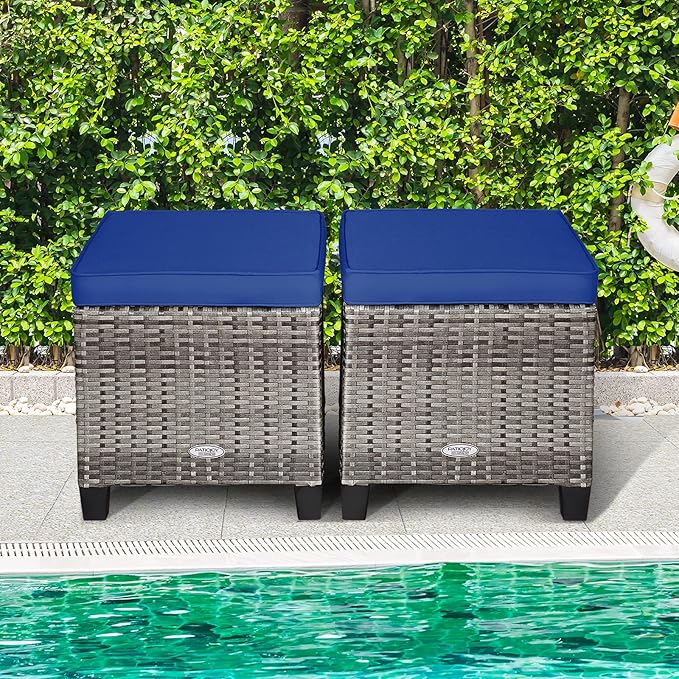 Tangkula 2 Pieces Patio Rattan Ottomans, Outdoor Wicker Footstool Footrest Seat with Soft Cushions and Steel Frame, All-Weather Patio Ottoman Set for Backyard Garden Poolside