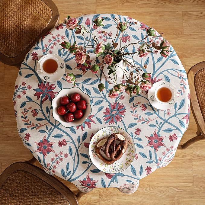 Designer Floral Linen Round Tablecloth,Vintage William Morris Wrinkle Resistant Table Cloth,Decorative Table Cover for Kitchen,Dining,Thanksgiving,Christmas,Diameter 67"-Dorodango B
