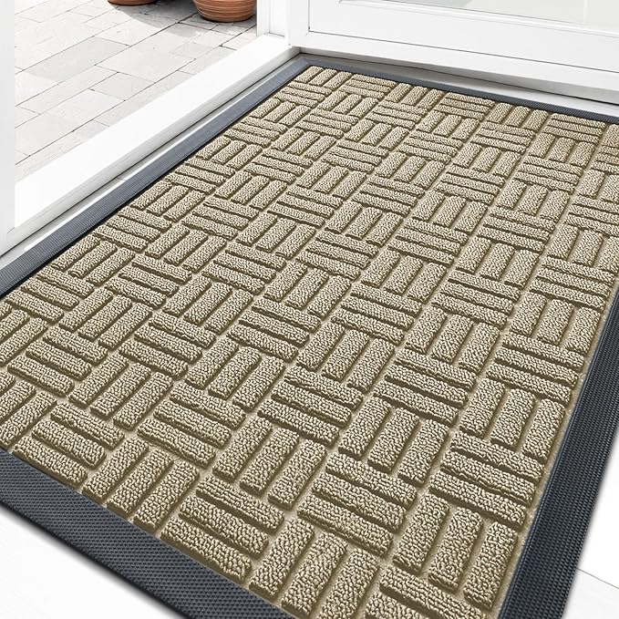 OLANLY Front Door Mat Outside Entrance 33x21, Absorbent, Heavy Duty Sturdy Natural Rubber Doormat Indoor Outdoor, Stain and Fade Resistant, Non-Slip Backing Low Profile Floor Mat for Entryway, Beige