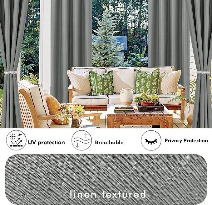 HolidayIdeas 4 Panels Linen Outdoor Curtains for Patio Waterproof Curtains 54" Wide x 84" Long-Indoor/Outdoor Light Grey Curtains Waterproof, Privacy for Pergola, Porch, Gazebo, Backyard, Sunroom