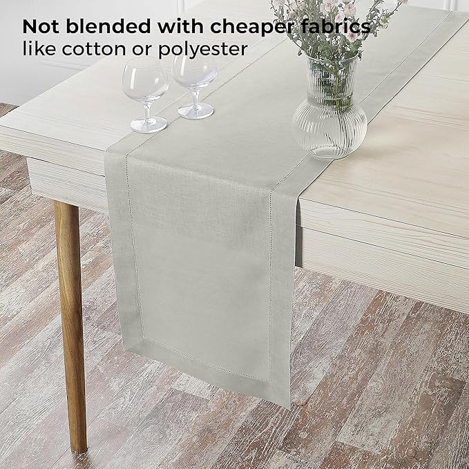 D'Moksha Homes Linen Silver Grey Table Runner 60 Inches - Classic Hemstitch, 100% Pure Linen Coffee Table Runner 14 x 60 Inch Ideal for Dresser Tables - Spring, Easter