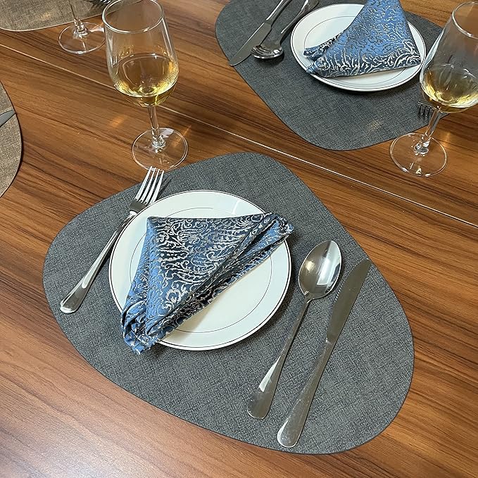 WAZAIGUR Washable Wipeable Waterproof Heat Resistant Faux Leather Placemats Set of 6,PU Palce Mats for Indoor and Outdoor,Easy to Clean Table Mats,Grey
