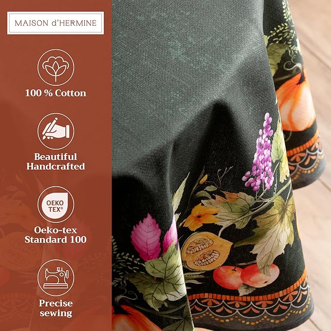 Maison d' Hermine Table Cloth Round Table 100% Cotton 63 Inches Fall Tablecloth Reusable Everyday Use for Thanksgiving Christmas Decorations Dining Farmhouse Party (Pumpkin Garden - Dark Green)