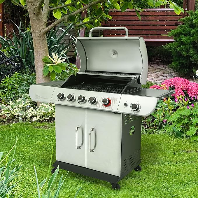 Royal Gourmet SG5002 5 Burner Propane Gas Grill with Side Burner & Sear Burner, Stainless Steel Gas Grill with 61,000 BTUs Output for Outdoor Patio Garden Backyard Cooking, Silver
