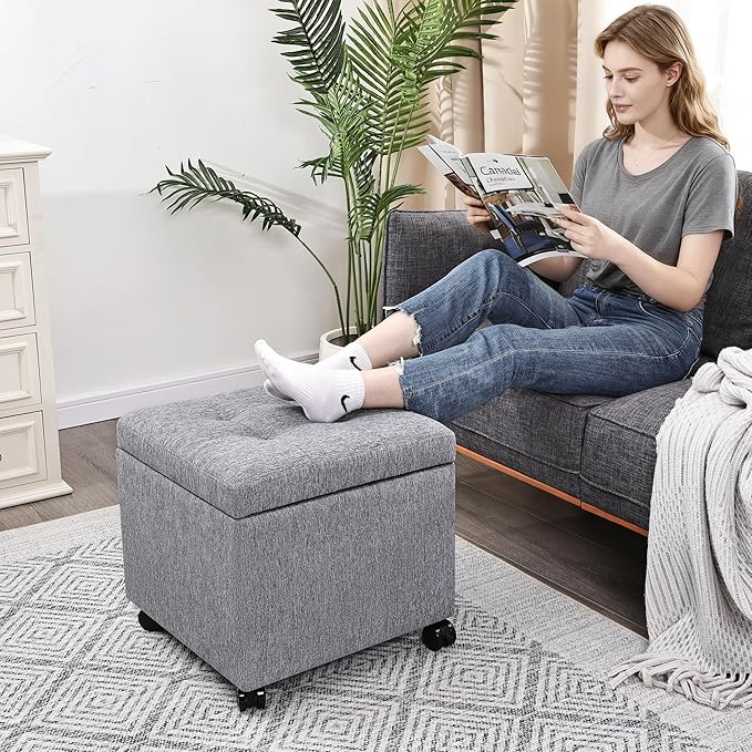 Homebeez Multifunctional Space-Saving Linen Storage Ottoman with 360° Rolling Wheels, 17.7" Square Tufted Cube Footstool with Hinged Lid, Holds 300 lbs, for Living Room, Bedroom, Entryway, Grey