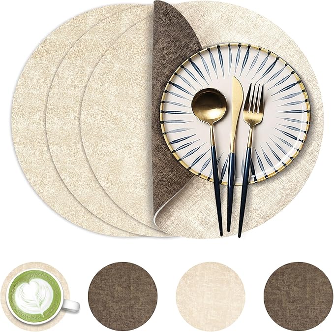 13-Inch Faux Leather Round Placemats Set of 4, Waterproof Anti-Slip Dual Sided Place mats, Heat Resistant Washable Table Mats with Coaster, Suitable for Indoor & Outdoor(4, Beige Dark Coffee)