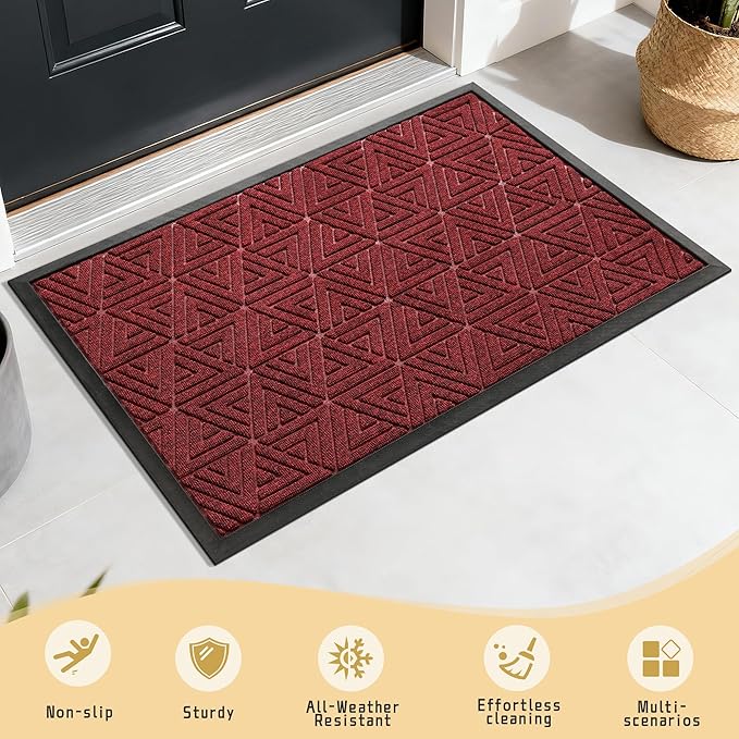 Yimobra Outdoor Mats for Front Door 29.5x17, Stops Mud & Dirt at Entrance, Fits Garage & Patio, All-Weather Waterproof Non Slip Outdoor Indoor Welcome Mat, Black Red