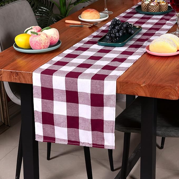 Tosewever Buffalo Check Plaid Farmhouse Table Runner, Cotton Polyester Blend Classic Family Dinner Table Runners for Indoor Outdoor Parties Events Home Decoration (Red and White, 14 x 72 Inch)