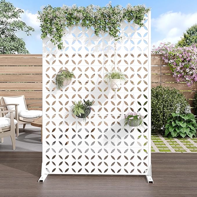 Casaphoria 72" H x 47" W Metal Privacy Screen, Outdoor Freestanding Decorative Divider for Patio, Deck, Balcony, and Garden with Stable Base, White-Daniel