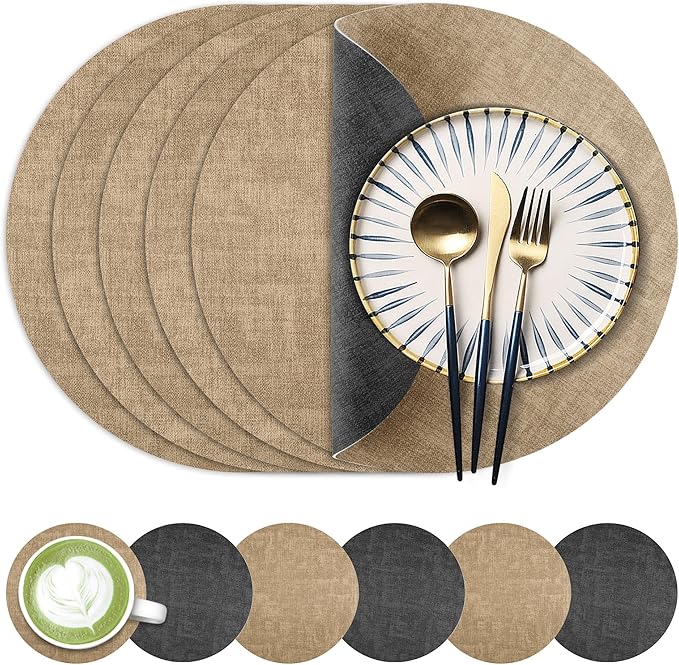 13-Inch Faux Leather Round Placemats Set of 6, Waterproof Anti-Slip Dual Sided Place mats, Heat Resistant Washable Table Mats with Coaster, Suitable for Indoor & Outdoor (6, Black Light Coffee)