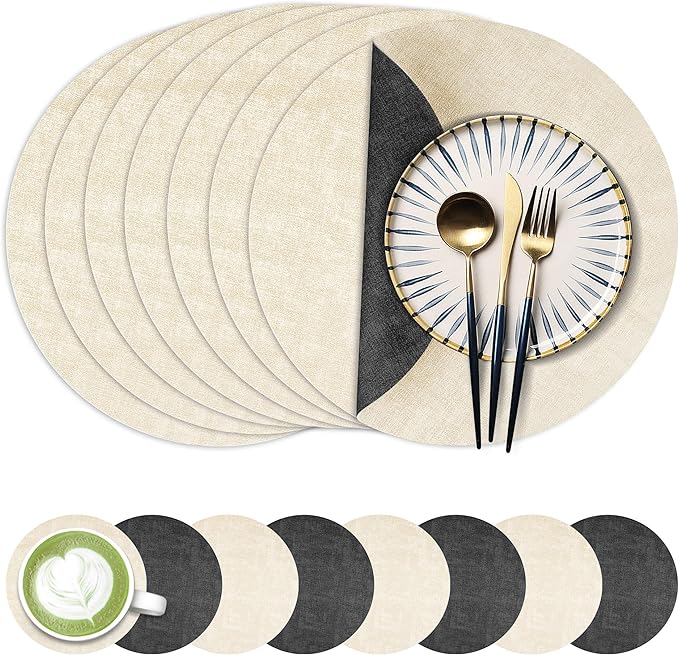 13-Inch Faux Leather Round Placemats Set of 8, Waterproof Anti-Slip Dual Sided Place mats, Heat Resistant Washable Table Mats with Coaster, Suitable for Indoor & Outdoor (8, Black Beige)