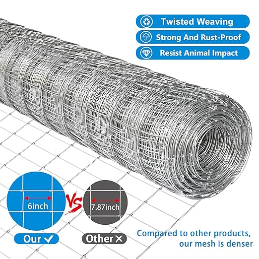 10GA 2.2MM Super Thick Heavy-Duty Farm Fence 4ft x 100ft Heavy Zinc Coating Cattle Fence,Galvanized Field Wire Fencing Deer Fence,Goat Fence,Hog Wire Fencing for Yard Livestock & Animals Protection