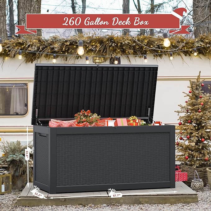 NUNU LAB 260 Gallon Outdoor Storage Box, Large Resin Deck Box with Double Wall Panels, Waterproof Patio Storage Bin for Garden Tools, Pool Accessories, Package Deliveries & Outdoor Gear
