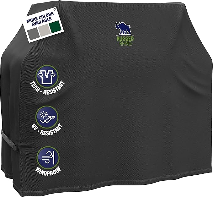 RUGGED RHINO 58 Inch Heavy Duty Grill Cover for Outdoor Grills, All Season Three Layer Waterproof UV Resistant Windproof Gas BBQ Covers, Compatible for Weber Char-Broil Pit Boss Traeger and More Black