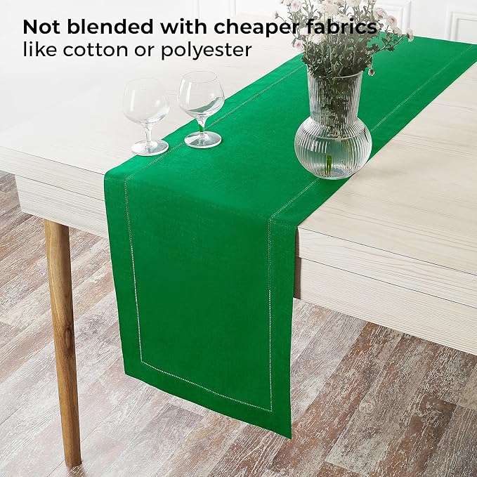 D'Moksha Homes Linen Kelly Green Table Runner 108 Inches Long - 100% Pure Linen 14 x 108 Inch Table Runner for St Patricks Day, Easter - Classic Hemstitch