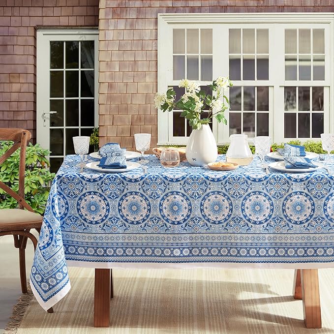 Elrene Home Fashions Vietri Medallion Blue Coastal Block Print Stain & Water Resistant Indoor/Outdoor Fabric Rectangle Tablecloth, 60"x84"