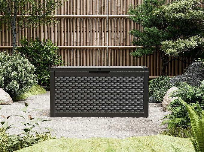 70 Gallon Outdoor Storage Deck Box Waterproof,Large Resin Storage Container for Outside,Patio Accessories for Outsid,Backyard Delivery Boxes,Lockable Lid,Rattan Black