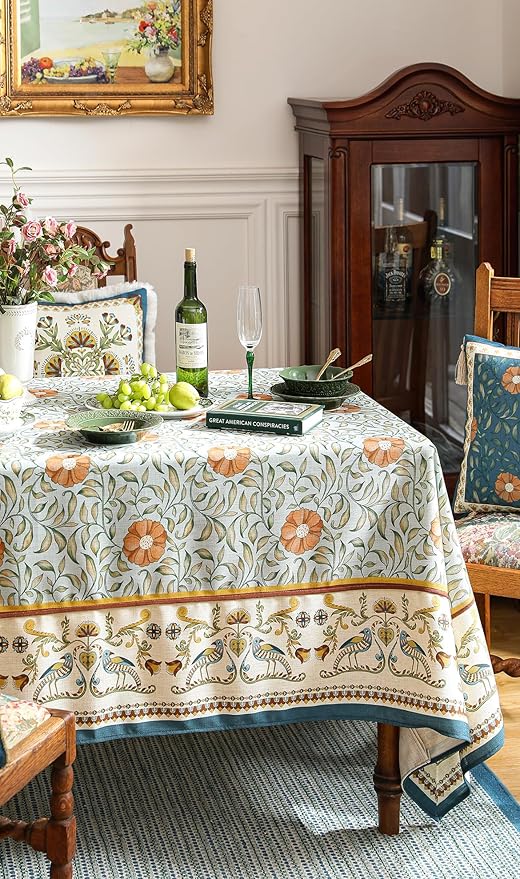 patdrea Designer French Linen Blue Tablecloth for Rectangle Table,Vintage Floral Table Cloth,Colorful Decoration Fall Cover Kitchen Dining for Thanksgiving,Tea Party,Christmas,55"x79"-Wensel