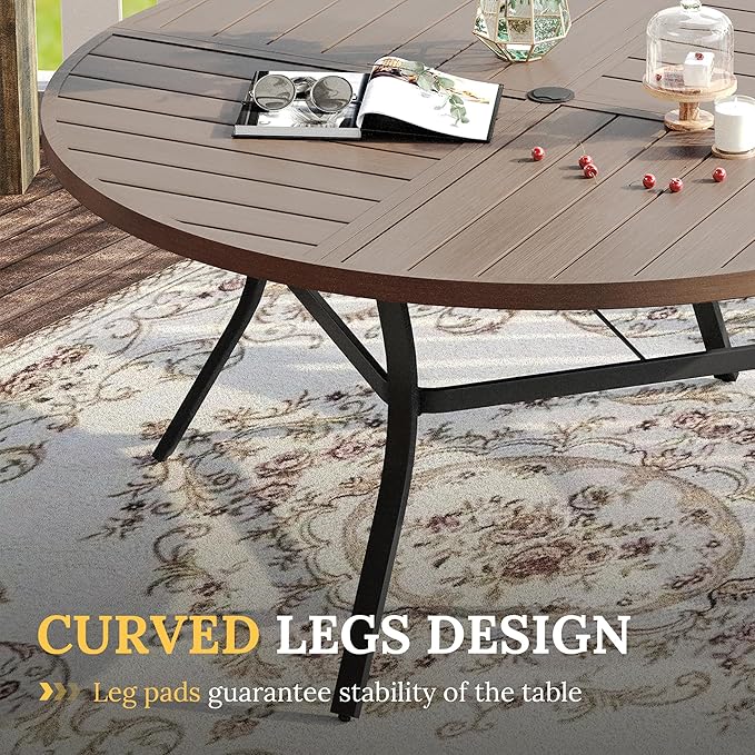 VICLLAX Round Patio Table with Adjustable Umbrella Hole for 8, All Weather Metal Outdoor Dining Table for Lawn Garden, 59.8" Outdoor Coffee Table, Grey Wood-Like Tabletop
