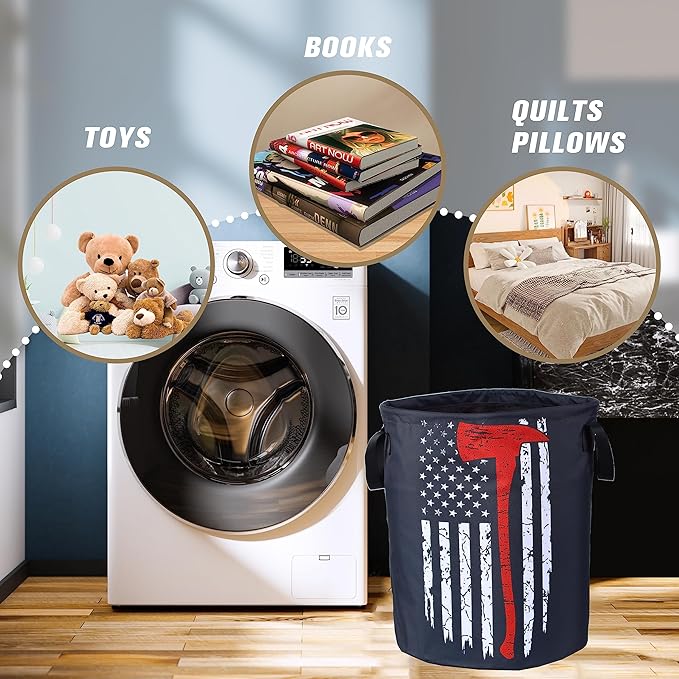 American Flag Red Line Ax Laundry Basket Firemen Foldable Oxford Cloth Funny Tote Bag Laundry Hamper Clothes Storage Bucket Organizer For Bathroom/Laundry Storage /Bedroom17.7x13.7Inch