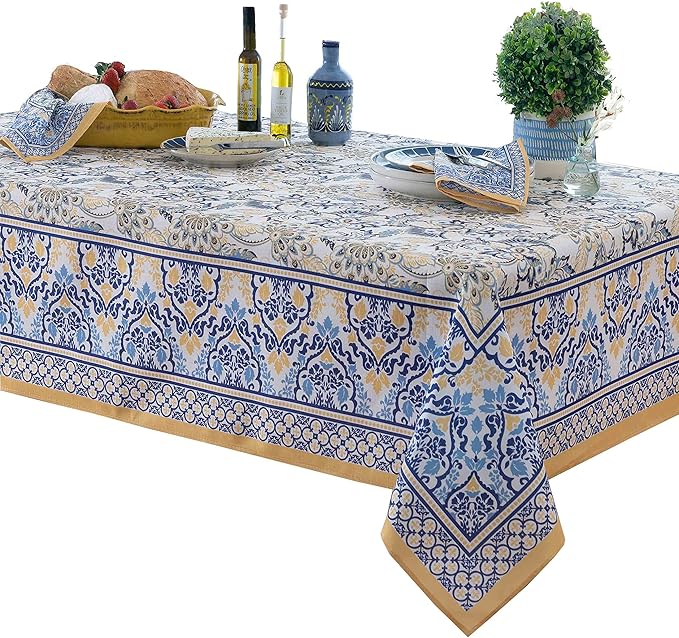 Home Bargains Plus Rectangle Fabric Napkins, Set of 8 Napkins, Allure Yellow and Blue Floral Bordered Print, Indoor Outdoor Stain and Water Resistant Napkins, Provence French Country