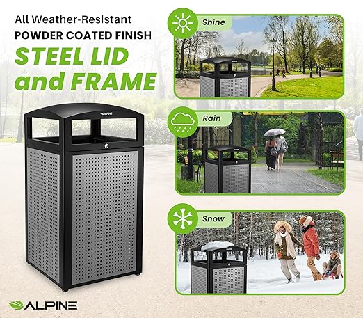 Alpine Industries 40 Gallon Commercial Outdoor Trash Can, Metal with Removable Bin & Locking Lid (Black & Grey)
