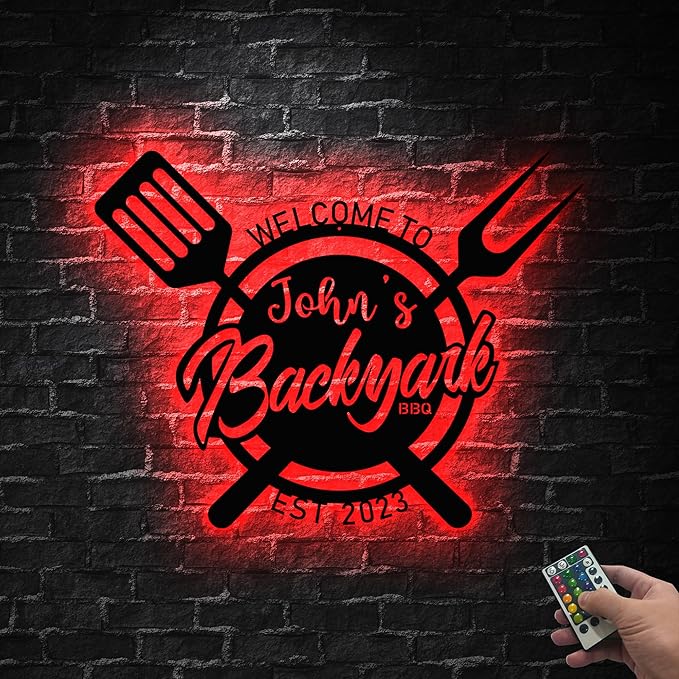 Personalized Backyard BBQ Sign - Custom Welcome Grill Metal Wall Art, Barbecue Led Light Up Sign, 16-Color LED with Remote Control, Neon Grill Decor for Dad, Man Cave, Home Bar, Patio