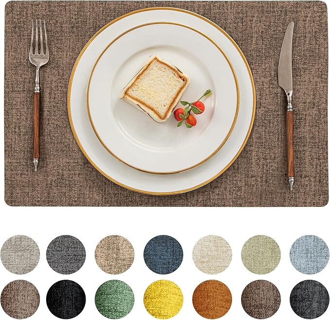 Romanstile Vinyl Placemats Set of 4-12 X 17 Inch - Heat Resistant Place Mats 100% Waterproof Oilproof Wipeable Reversible Faux Leather Table Mats for Kitchen, Dining, Party, Outdoor, Brown