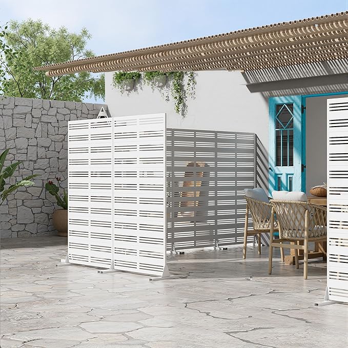 Casaphoria 72" H x 35" W Metal Privacy Screen, Outdoor Freestanding Decorative Divider for Patio, Deck, Balcony, and Garden with Stable Base, White-Harold