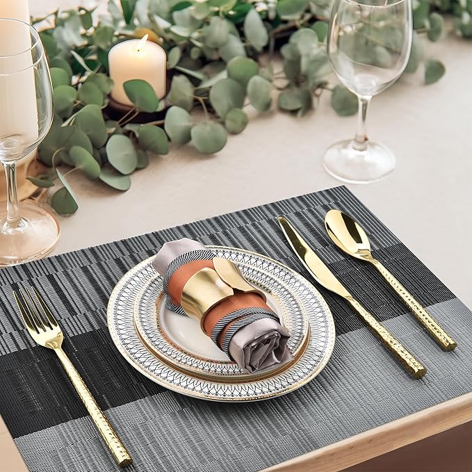 SLKQG Placemats Set of 8 - Easy Clean Washable Vinyl Placemats - Heat Resistant Placemats for Kitchen Table - PVC Table Mats for Dining Table (Black and Gray, 8)