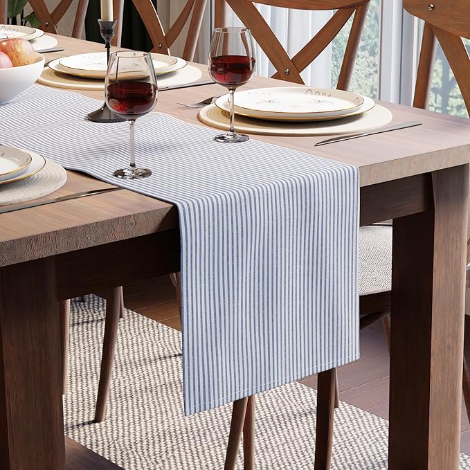 Encasa XO Cotton Dining Table Runner | Ticking Navy Blue | Size 13x59 in - Machine Washable & Durable
