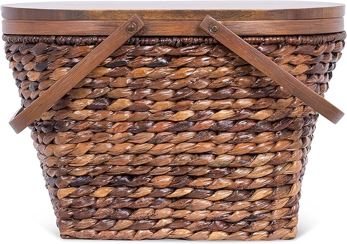 BirdRock Home Seagrass and Abaca Picnic Basket with Wood Lid | Hand Woven | Espresso | Decorative Latch | Wooden Top | Home Décor | Folding Handles