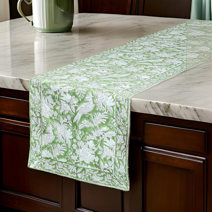 CPC Cotton Table Runner 16x90 Inch Block Printed Long Fall Table Runner for Dining Table, Card Table, Coffee Table, Wedding, Farmhouse & Outdoor Barbeque-Olive Green