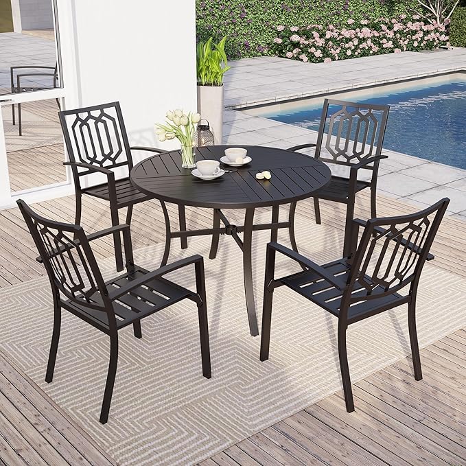 Sophia & William Round Patio Table and Chairs Set, Outdoor Dining Set for 4, 5 Piece Metal Patio Furniture, 42" Black Table(Geometry)
