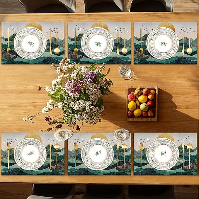 Sunrise Placemats Set of 6,Golden Mountains Placemats Washable Kitchen Dining Linen Table Mats Stain Heat-Resistant for Home Party Indoor 12x18 inch