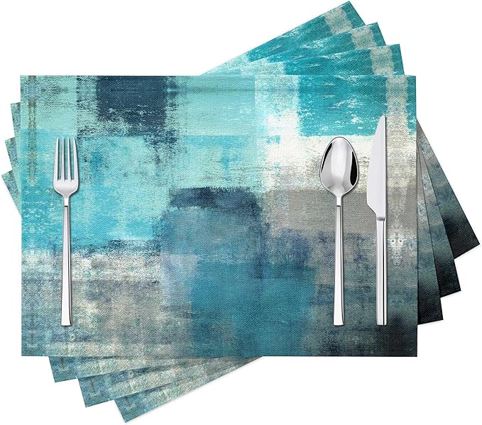 Modern Art Placemats Set of 4 Turquoise Abstract Painting Place Mats Washable Linen Teal Placemat for Kitchen Dining Table Party Home Decor 18x12 Inches