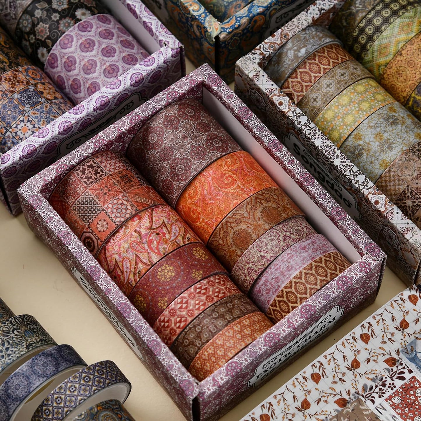12 Rolls Exotic Charm Washi Tape Set Floral Arts Adhesive Tapes Geometric Garden Decorative Masking Tape Sets for Craft, Kids, Scrapbook, DIY, Gift Wrapping (Crimson Cliff)