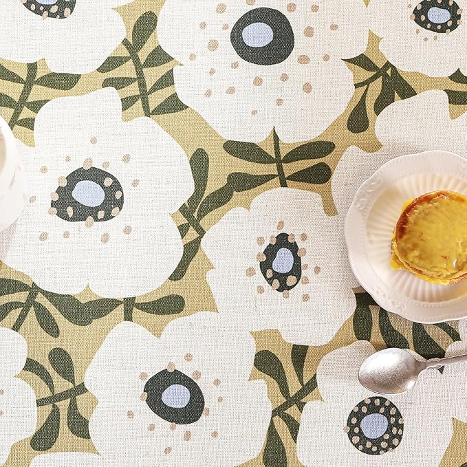 Designer Vintage Rectangular Tablecloth,Linen French Tablecloth with White Floral Pattern,Decorative Table Cover for Kitchen,Dining,Thanksgiving,Tea Party,55" × 87"-Hidaka