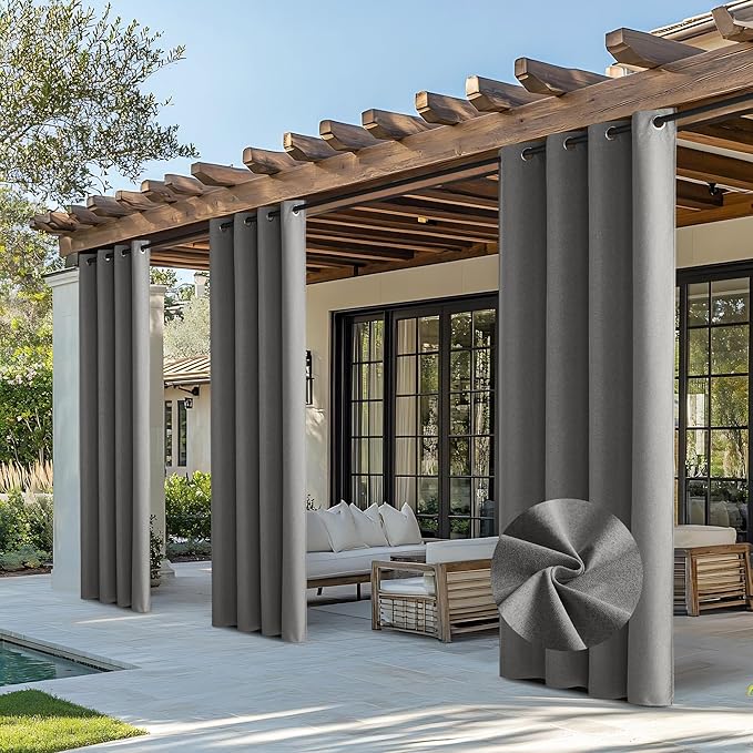 NICETOWN Outdoor Blackout Curtains for Patio Waterproof, 2 Panels 100% Light Blocking Linen Curtains Weatherproof, Indoor/Outside Privacy Sun Shades for Gazebo, Porch, Balcony, W52 x L96 inch, Grey
