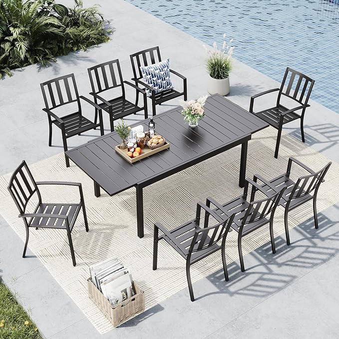 MFSTUDIO Outdoor Dining Set for 8, Expandable Patio Table and Chairs Set, 9 Piece Metal Patio Furniture Set, Patio Dining Set for Deck Backyard Poolside Garden